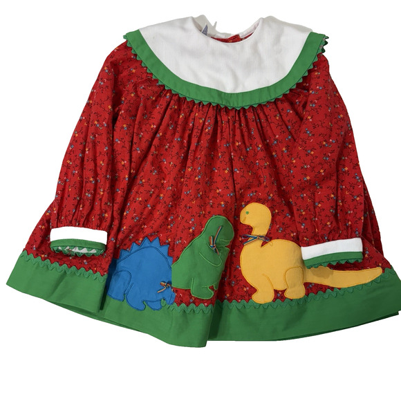 Vintage Dinosaur Dress 3T Youngland Bright Red Green Wide Collar Floral Toddler - Picture 1 of 9